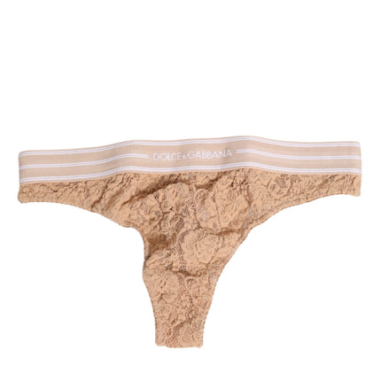 Dolce & Gabbana Beige Lace Logo Elastic Waist Thong Tanga Underwear