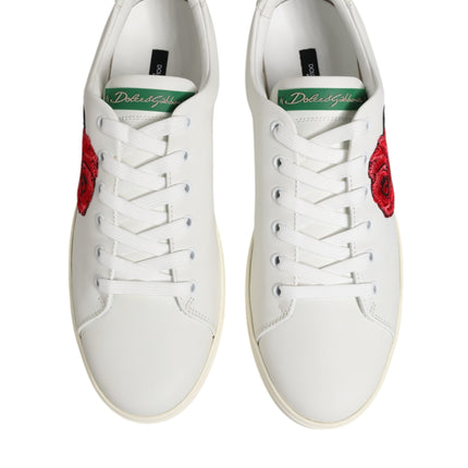 Dolce & Gabbana White Leather Rose Embroidery Low-Top  Shoes