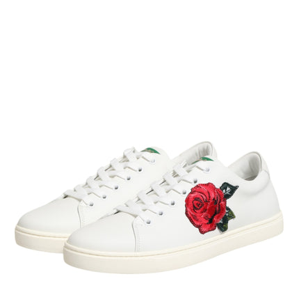 Dolce & Gabbana White Leather Rose Embroidery Low-Top  Shoes