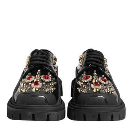 Dolce & Gabbana Black Leather Jeweled Crystals Derby Shoes