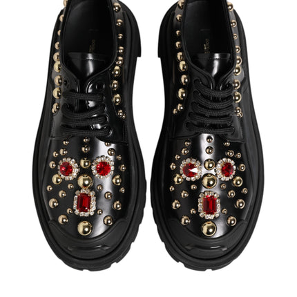 Dolce & Gabbana Black Leather Jeweled Crystals Derby Shoes
