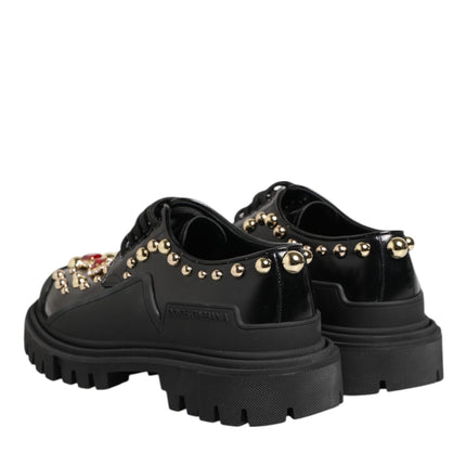 Dolce & Gabbana Black Leather Jeweled Crystals Derby Shoes