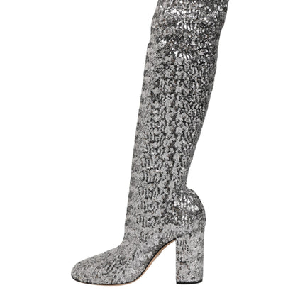 Dolce & Gabbana Shoes Silver Sequins Glitter High Heel Boot Shoes