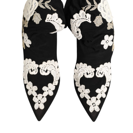 Dolce & Gabbana Black White Embroidered Jersey Stiletto Boots Shoes