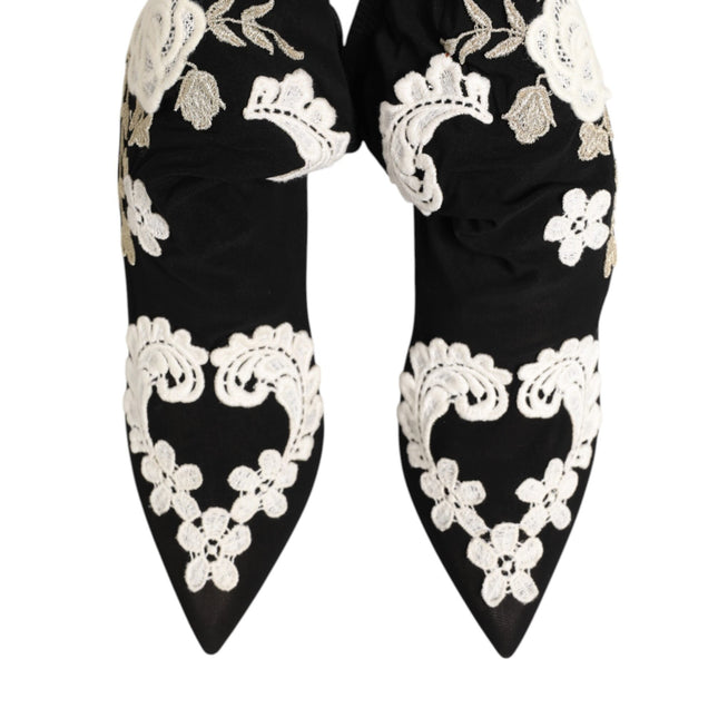 Dolce & Gabbana Black White Embroidered Jersey Stiletto Boots Shoes