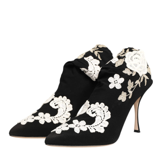 Dolce & Gabbana Black White Embroidered Jersey Stiletto Boots Shoes
