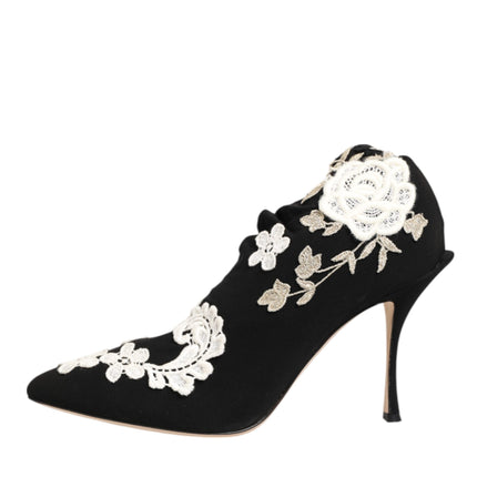 Dolce & Gabbana Black White Embroidered Jersey Stiletto Boots Shoes