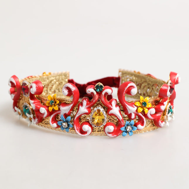 Dolce & Gabbana Red Carretto Multicolor Crystal Gold Tiara Crow Headband