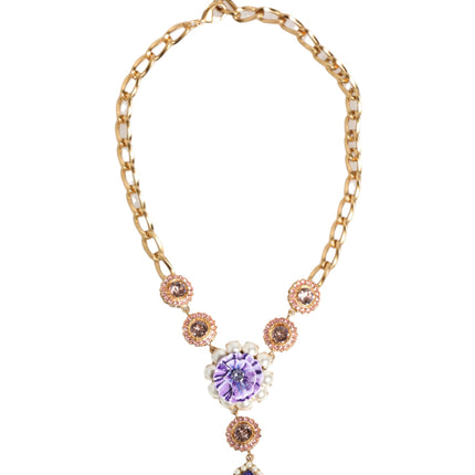 Dolce & Gabbana Gold Brass Crystal Pearl Purple Floral Pendant Jewelry Necklace