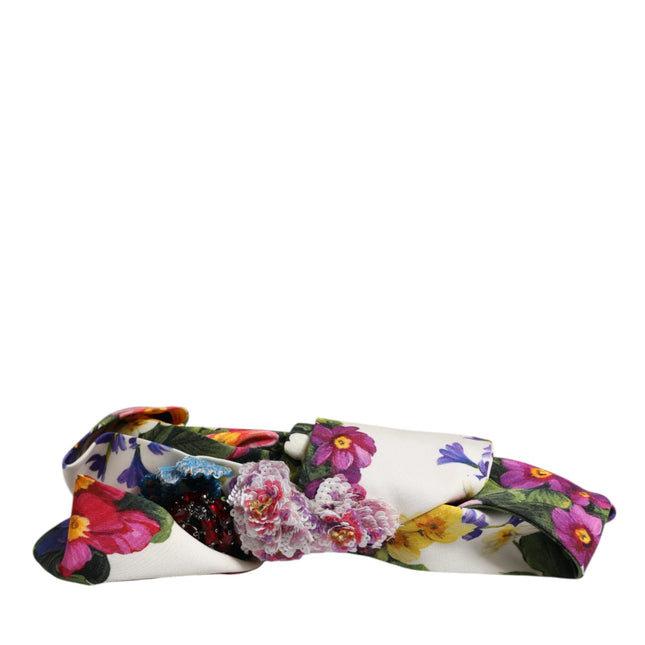 Dolce & Gabbana White Multicolor Floral Silk Bow Crystal Embellished Headband