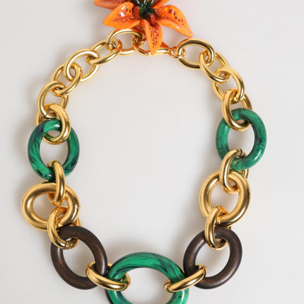 Dolce & Gabbana Multicolor Gold Brass Tiger Lily Floral Chai Necklace