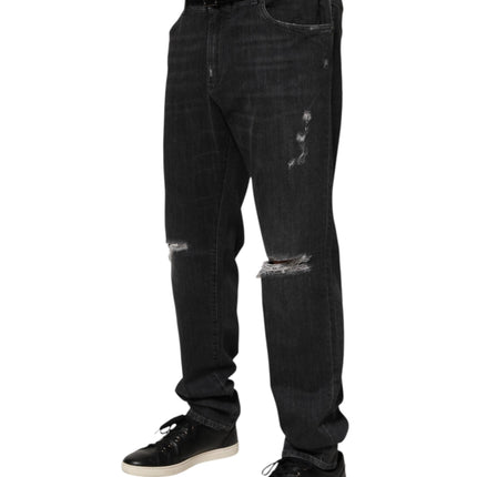 Dolce & Gabbana Black Cotton Slim Fit Distressed Ripped Logo Jeans