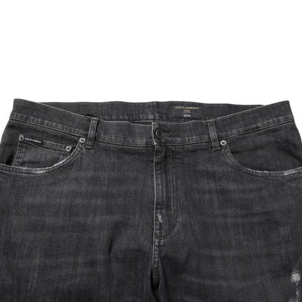 Dolce & Gabbana Black Cotton Slim Fit Distressed Ripped Logo Jeans