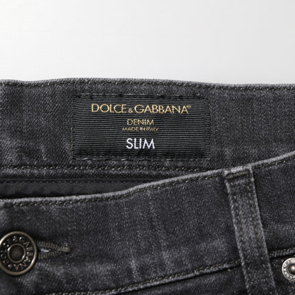 Dolce & Gabbana Black Cotton Slim Fit Distressed Ripped Logo Jeans