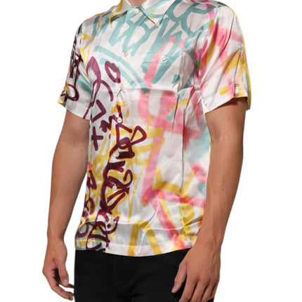 Dolce & Gabbana White Silk Hawaiian Graffiti Print Men Casual Shirt