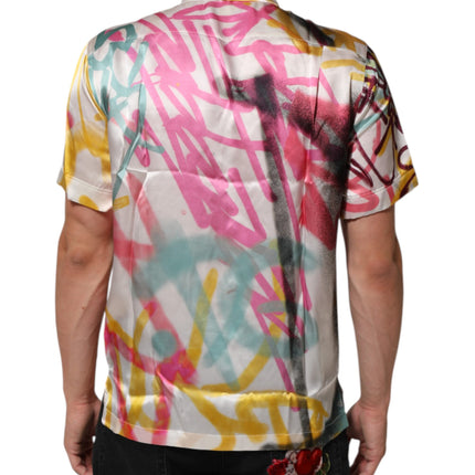 Dolce & Gabbana White Silk Hawaiian Graffiti Print Men Casual Shirt
