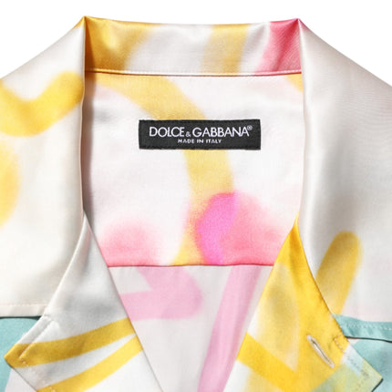 Dolce & Gabbana White Silk Hawaiian Graffiti Print Men Casual Shirt