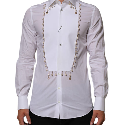 Dolce & Gabbana White Cotton DG Logo Pearl GOLD Formal Shirt