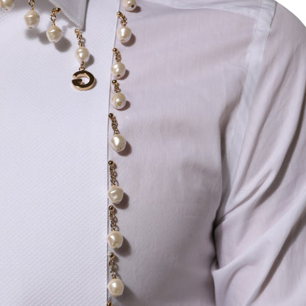 Dolce & Gabbana White Cotton DG Logo Pearl GOLD Formal Shirt
