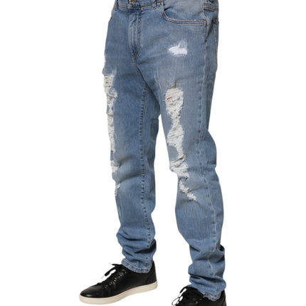 Dolce & Gabbana Blue Tattered Slim Fit Cotton Denim Jeans