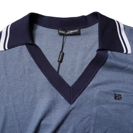 Dolce & Gabbana Blue Collared V-neck Silk Blend Polo T-shirt