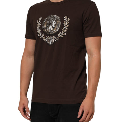 Dolce & Gabbana Brown Coin Laurel Print Men Crew Neck T-shirt