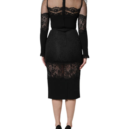 Dolce & Gabbana Black Lace Trim Nylon Tulle SheathMidi Dress