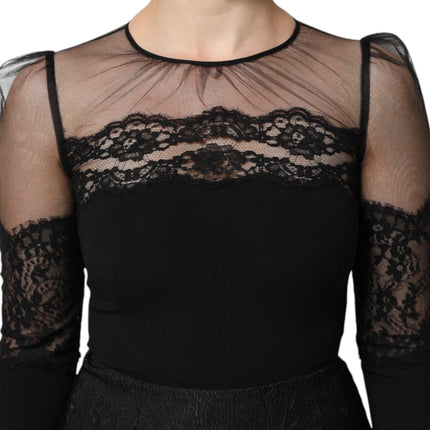 Dolce & Gabbana Black Lace Trim Nylon Tulle SheathMidi Dress
