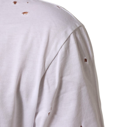 Dolce & Gabbana White Distressed Cotton V Neck Men T-shirt