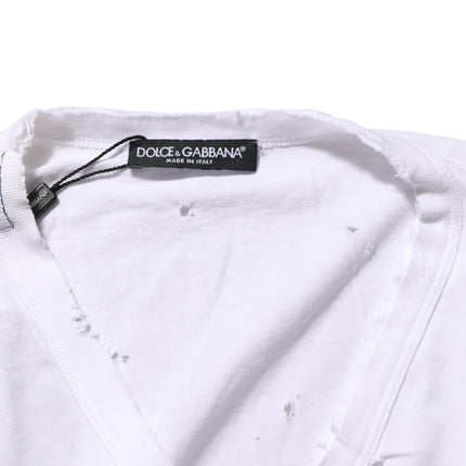 Dolce & Gabbana White Distressed Cotton V Neck Men T-shirt