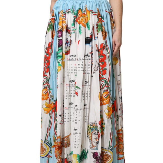 Dolce & Gabbana White Calendar Print Cotton Gathered Maxi Skirt