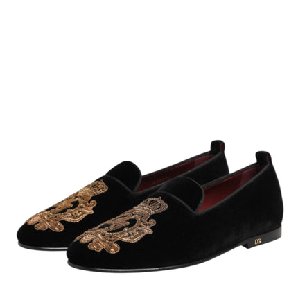 Dolce & Gabbana Black Velvet Gold Crown Mens Loafers Shoes