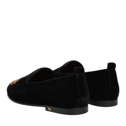Dolce & Gabbana Black Velvet Gold Crown Mens Loafers Shoes