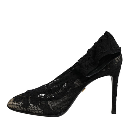 Dolce & Gabbana Black Lace Stretch Heels Mid Calf Boots Shoes