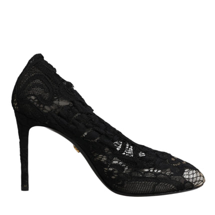 Dolce & Gabbana Black Lace Stretch Heels Mid Calf Boots Shoes
