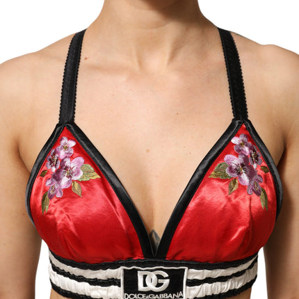 Dolce & Gabbana Red Satin Floral Embroidered Bralette Crop Top