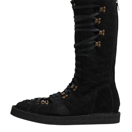 Dolce & Gabbana Black Alpaca Wool Suede Mid Calf Boots Shoes