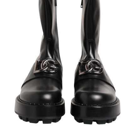 Dolce & Gabbana Black Logo Plaque Mid Calf Biker Boots Shoes