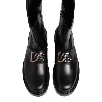 Dolce & Gabbana Black Logo Plaque Mid Calf Biker Boots Shoes