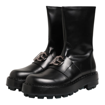 Dolce & Gabbana Black Logo Plaque Mid Calf Biker Boots Shoes