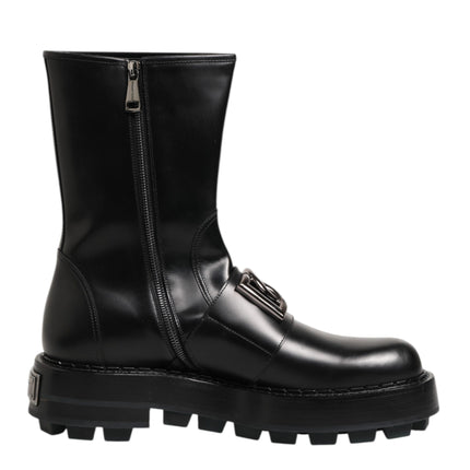 Dolce & Gabbana Black Logo Plaque Mid Calf Biker Boots Shoes