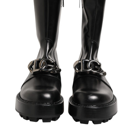Dolce & Gabbana Black Logo Plaque Mid Calf Biker Boots Shoes
