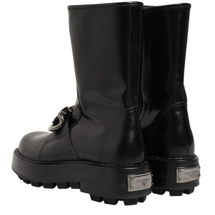 Dolce & Gabbana Black Logo Plaque Mid Calf Biker Boots Shoes