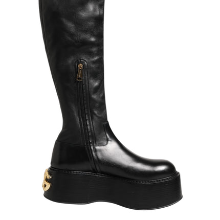 Dolce & Gabbana Black Logo Plaque Over The Calf Boots Shoes