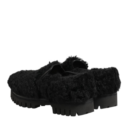 Dolce & Gabbana Dress Black Fur Leather Slippers Men Shoes