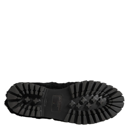 Dolce & Gabbana Dress Black Fur Leather Slippers Men Shoes