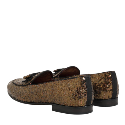Dolce & Gabbana Gold Sequined Slip On Loafers Men Dress Shoes