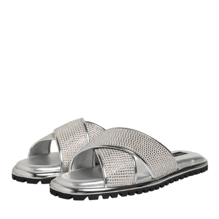 Dolce & Gabbana Silver Strass Slides Flats Slippers Shoes