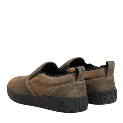 Dolce & Gabbana Brown Cotton Low Top Slip On Sneakers Shoes