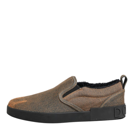 Dolce & Gabbana Brown Cotton Low Top Slip On Sneakers Shoes